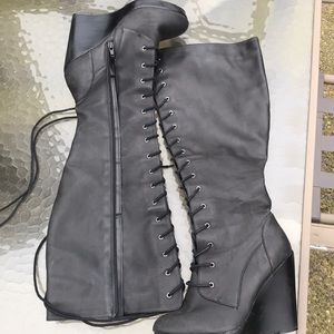 vegan leather over the knee lace up wedge